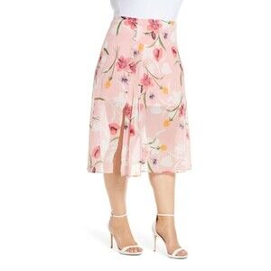 Leith Chiffon Floral Printed Midi Skirt Side Slits plus size 1X in pink